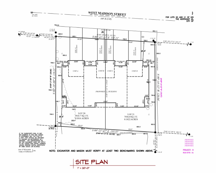 Site plan for 720 W Madison Street Jefferson Wisconsin showing Units A through D on Lots 20 and 21 along West Madison Street